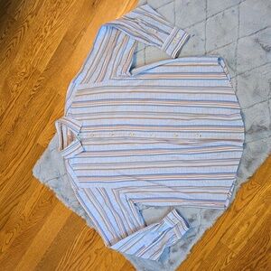 Tommy Bahama Blue/Tan Button Down Striped Shirt, Men's Extra Large